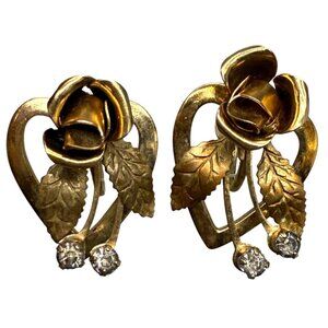 VTG Clear Rhinestone Rose Floral Leaf Screw Back Earrings Romantic Gold Tone